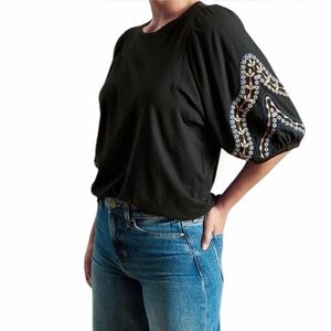 Black Embroidered Bubble Sleeve Women's Top